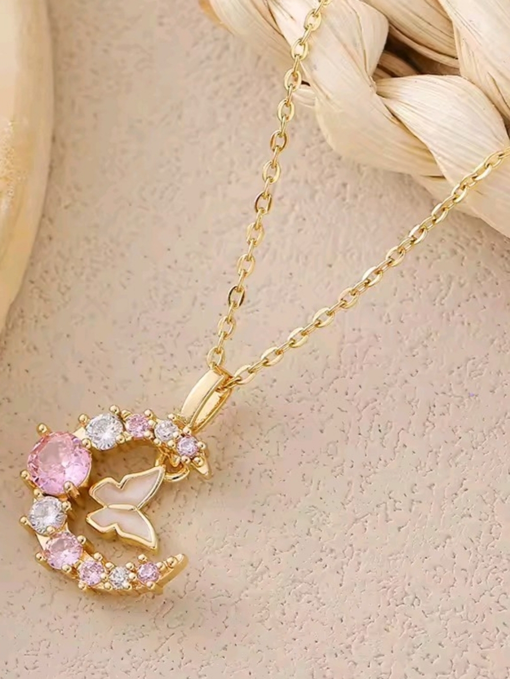 Gold Tone Crescent Moon & Butterfly Necklace Pink Crystal Celestial Pendant